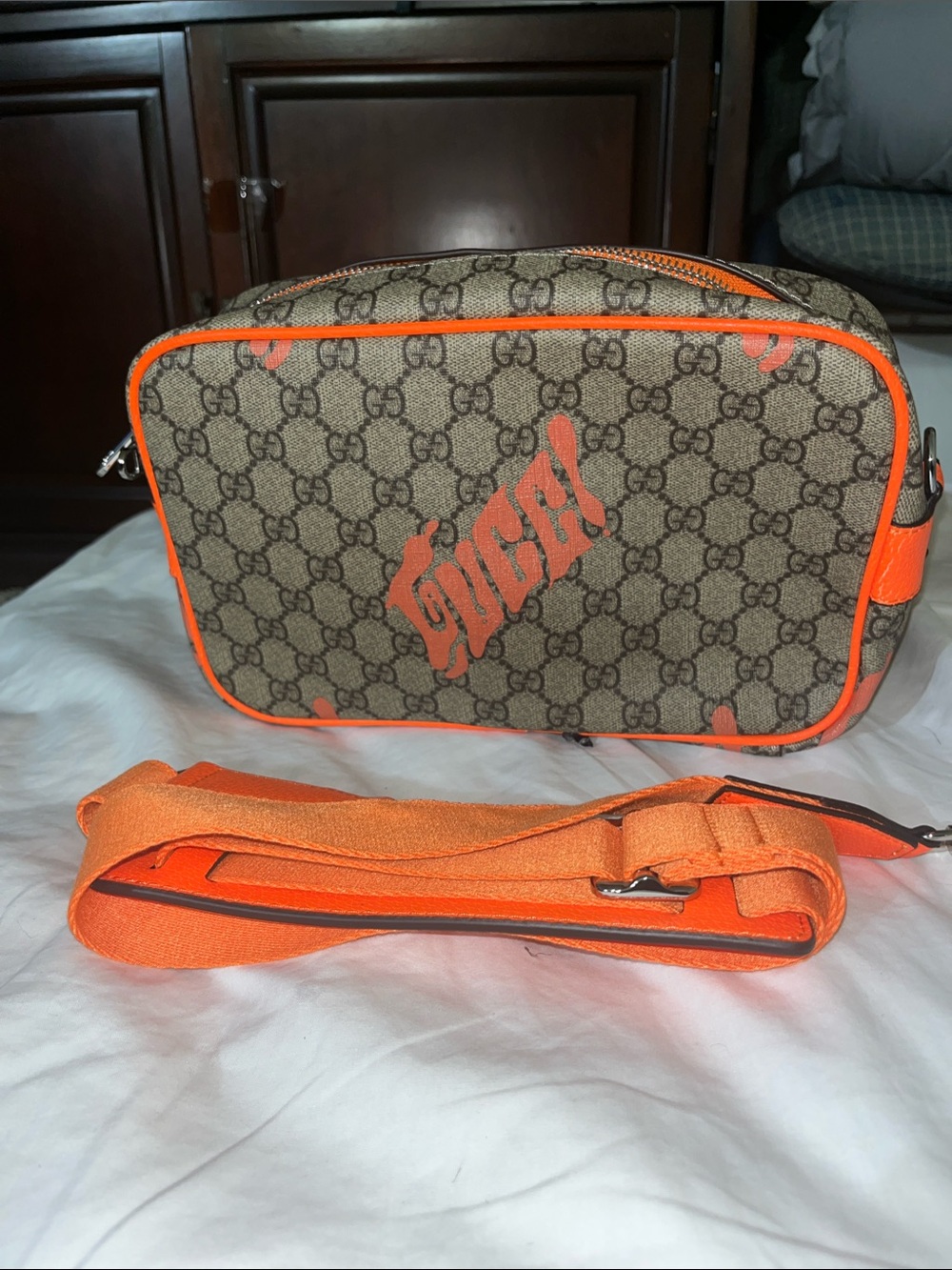 Source Unknown Brown Monogram Messenger Bag with Orange Trim